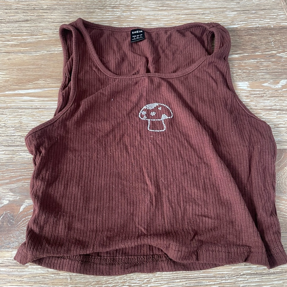 Rhinestone mushroom stretchy brown tank top
